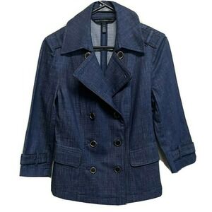 WHBM Sz 2 Blue Denim Blazer Jacket Double Breasted 3/4 Sleeves